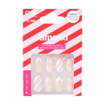 24 Pack Artificial Nails with Adhesive, Almond Shape, Candy Cane Swirl - OXX Cosmetics