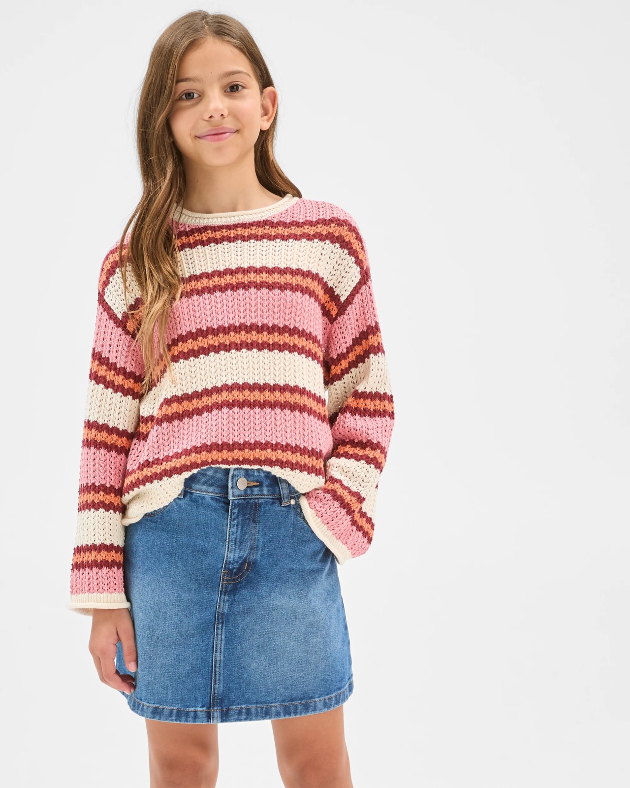 Australian Cotton Crochet Knit Jumper - Stripe Pink 2 of 6