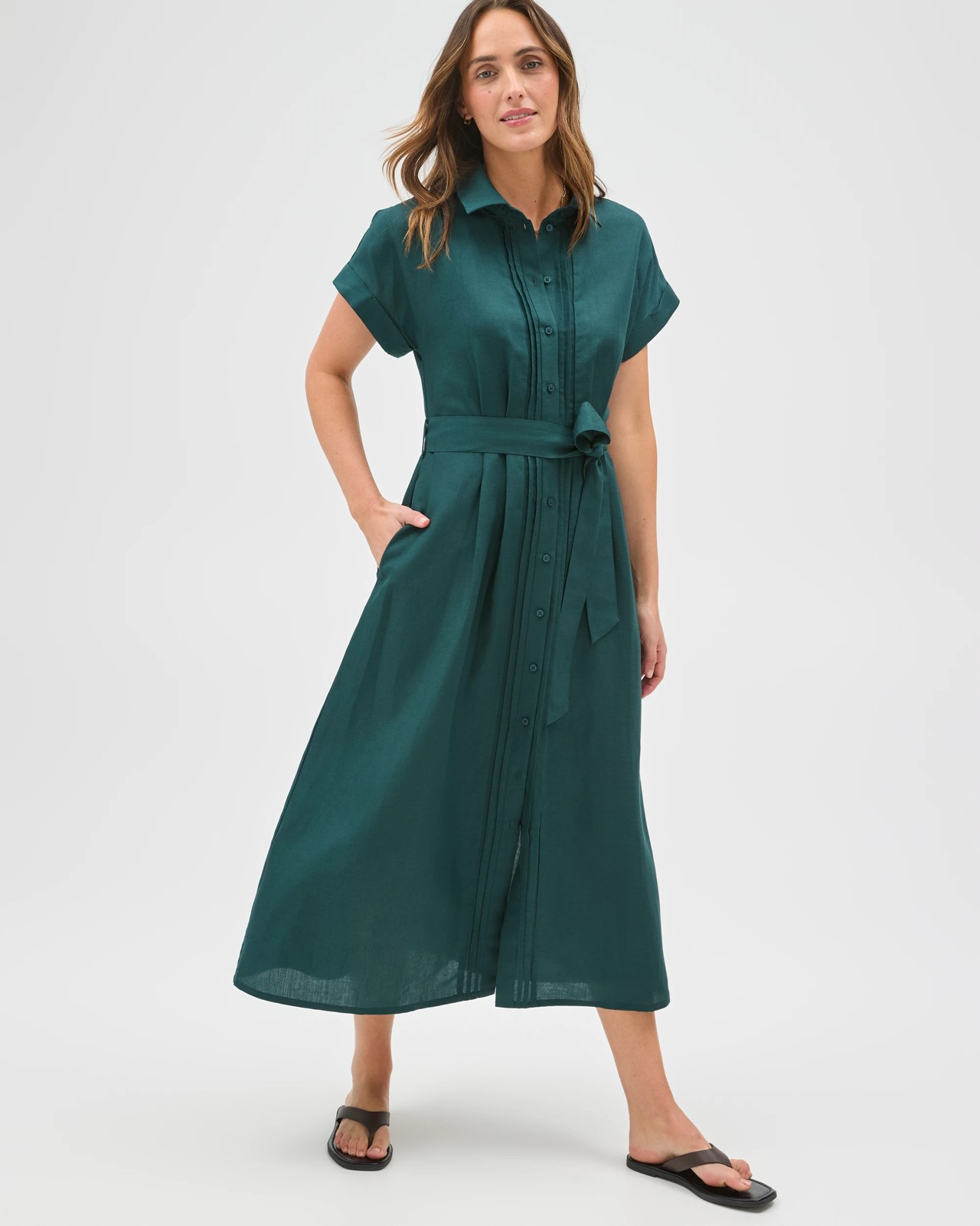 Preview Short Sleeve Pintuck Midi Shirt Dress - Deep Green 2 of 5
