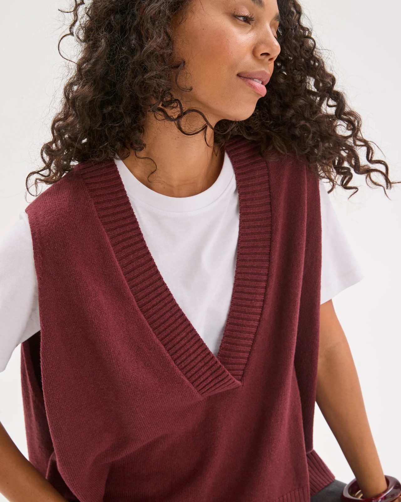 Australian Cotton Blend Deep V-Neck Oversized Knit Vest - Burgundy 4 of 5