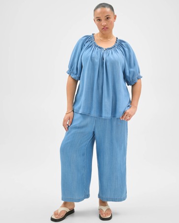 Plus Size Lyocell Short Sleeve Shirred Chambray Blouse