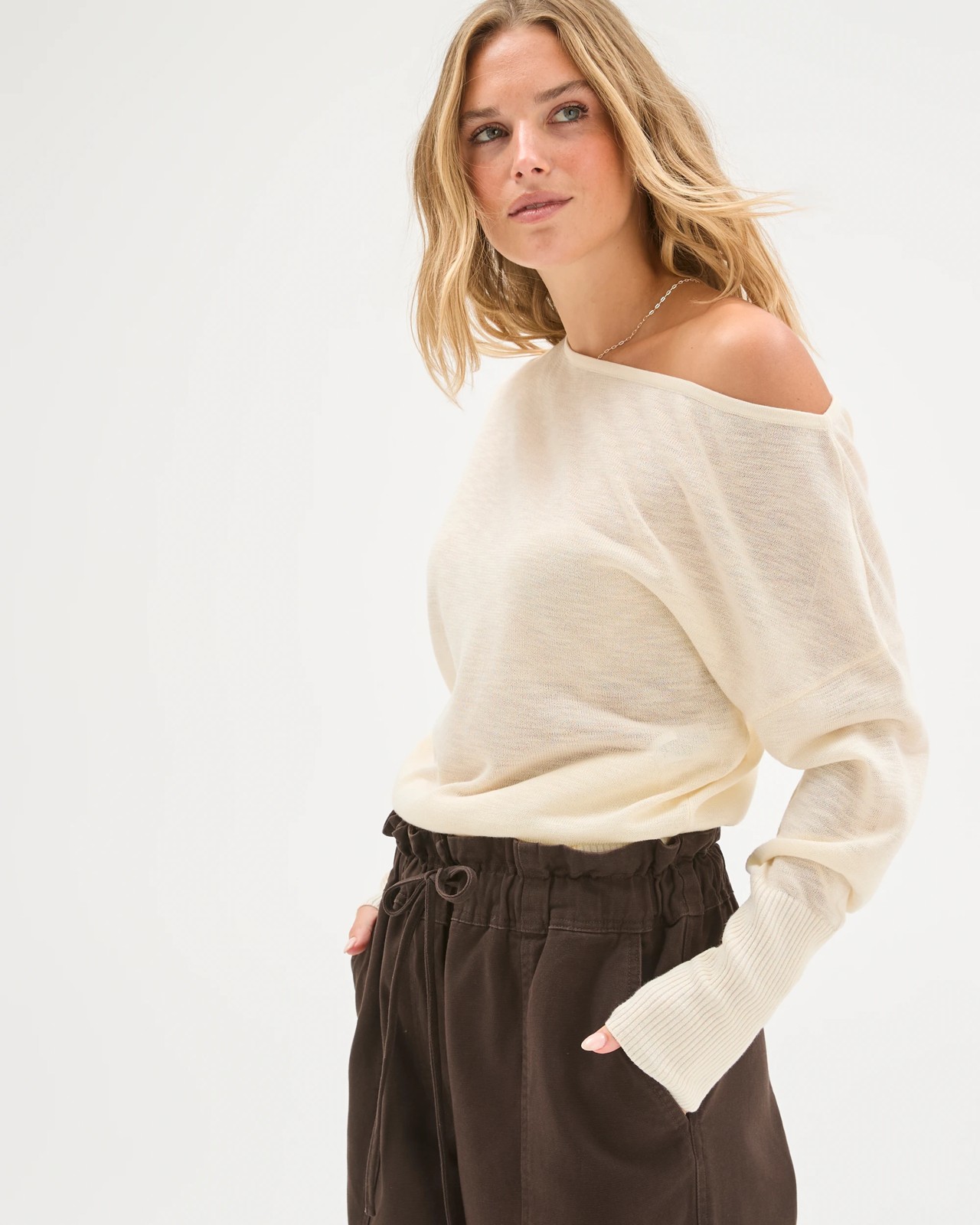 Lily Loves Slub Off Shoulder Knit Top - Pale Oat 5 of 6