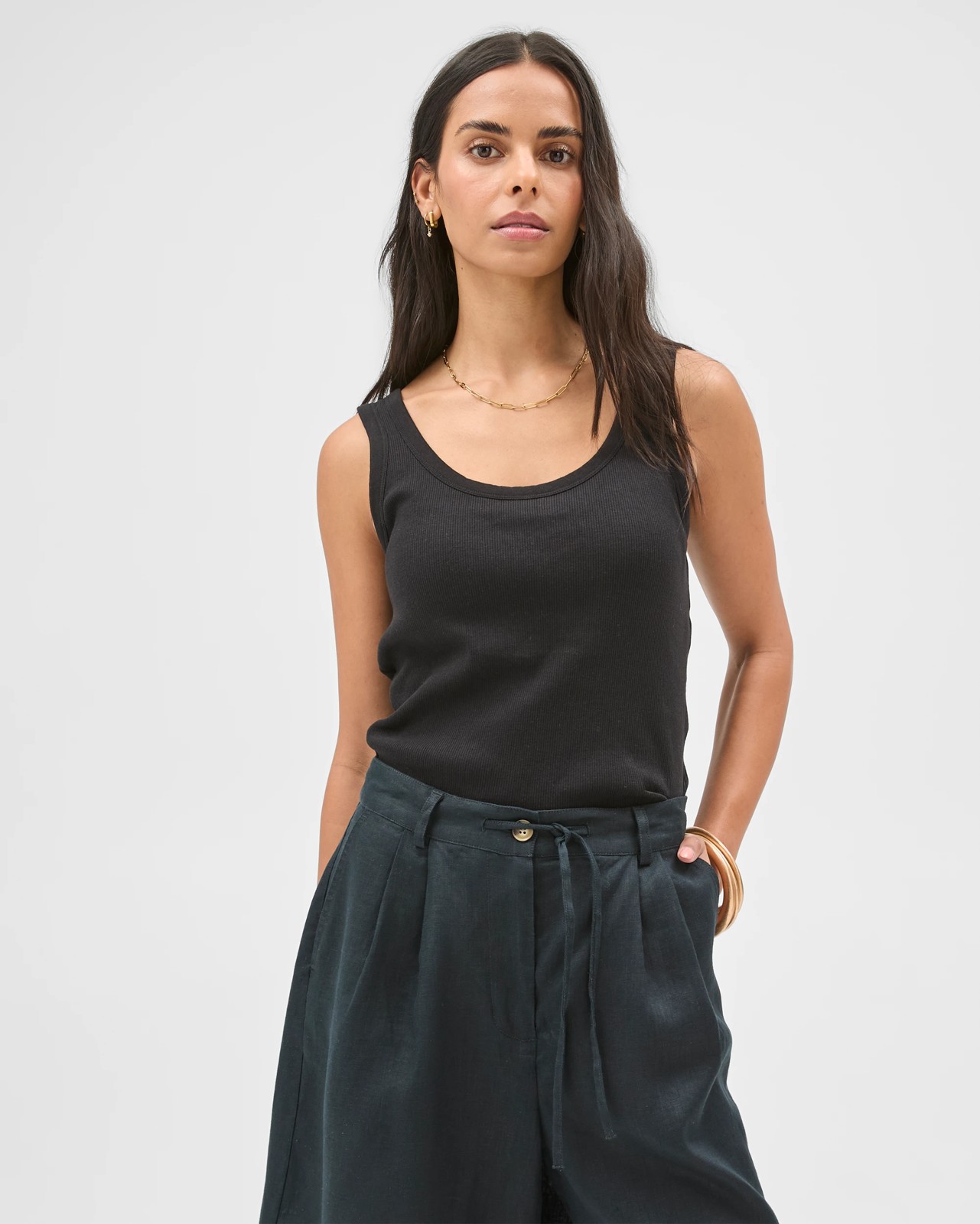 Australian Cotton Blend Scoop Neck Tank Top with Shelf Bra - Black 5 of 5