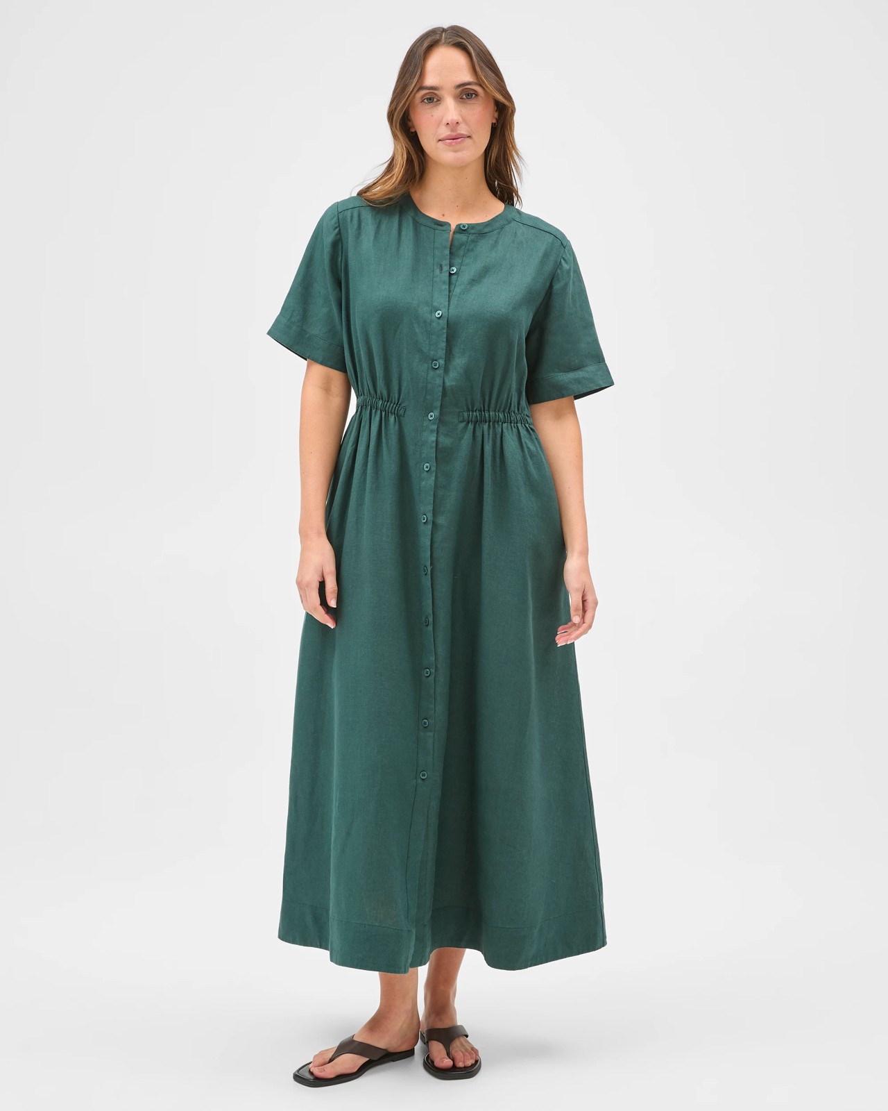 European Linen Short Sleeve Midi Femme Dress - Deep Forest 3 of 5