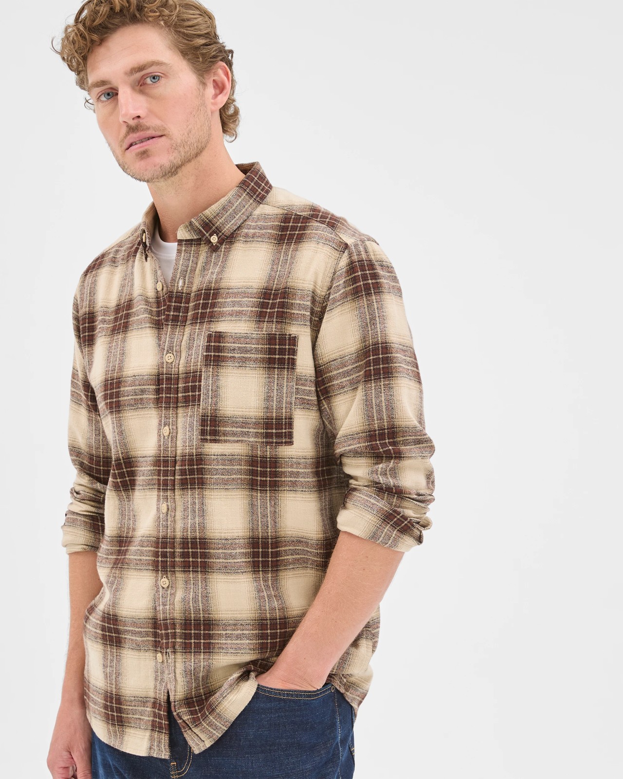 Long Sleeve Brushed Check Shirt - Ecru 4 of 5