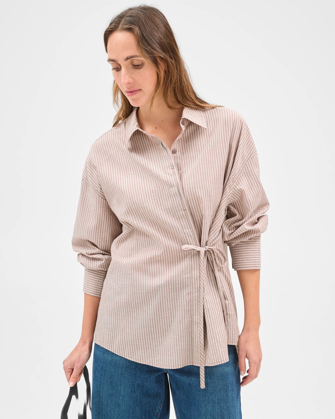 Long Sleeve Tie Voile Shirt - Brunette Stripe 2 of 6