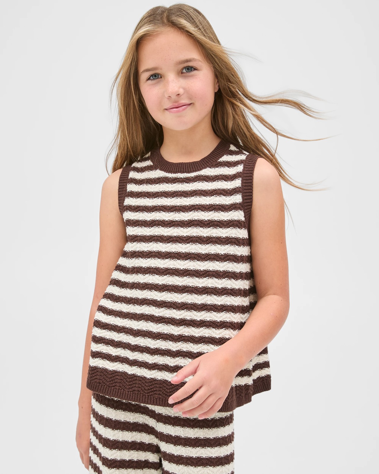 Australian Cotton Crochet Knit Tank Top - Stripe Chocolate 2 of 6