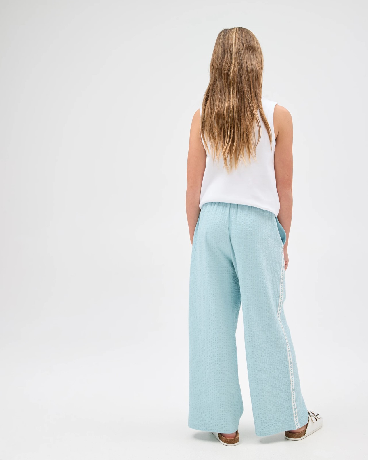 Australian Cotton Blend Textured Side Taped Wide Leg Knit Pants - Blue 4 of 6