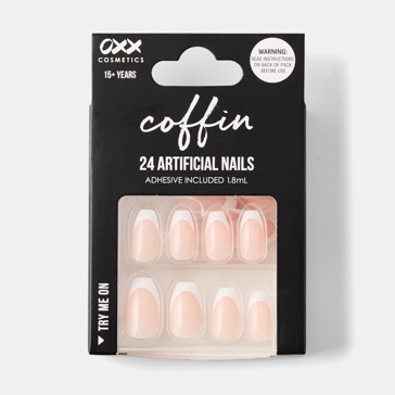 24 Pack Artificial Nails with Adhesive, Coffin Shape, French Tip - OXX Cosmetics