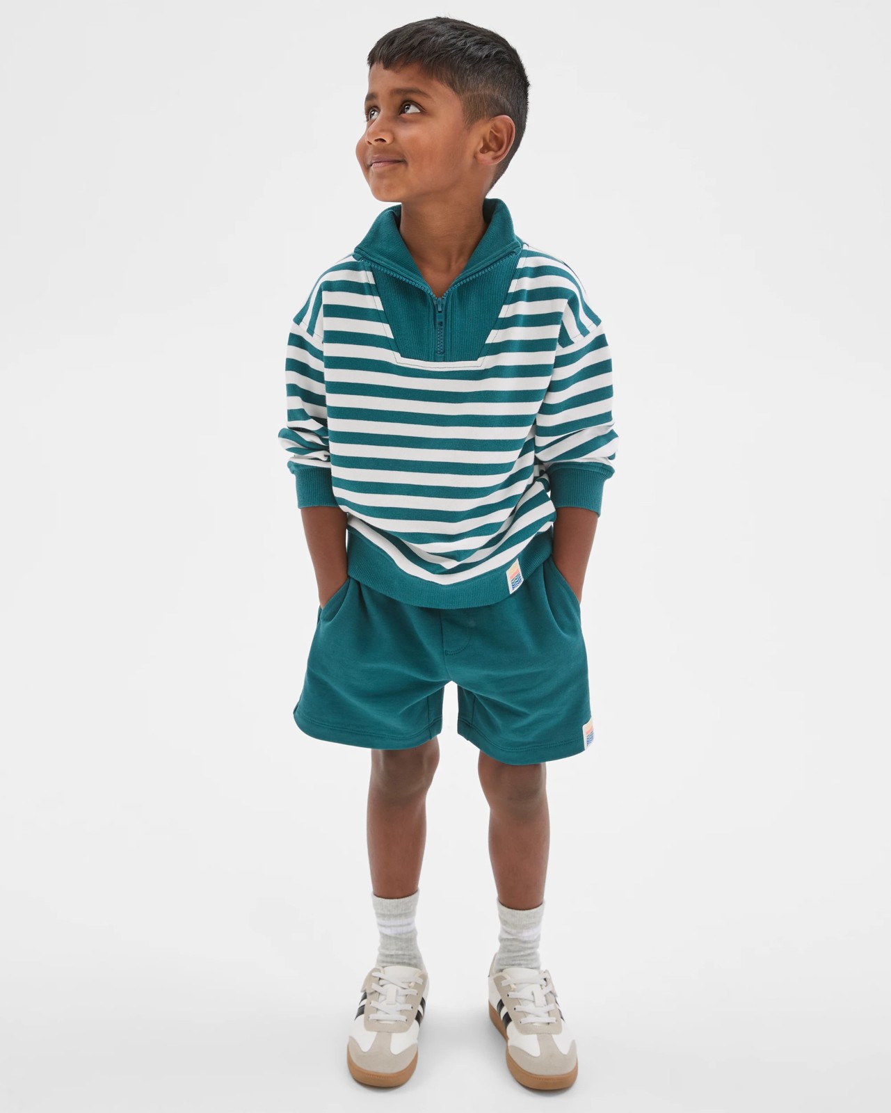 Australian Cotton 1/4 Zip Jumper & Shorts 2 Piece Set  - Green Stripe 2 of 5