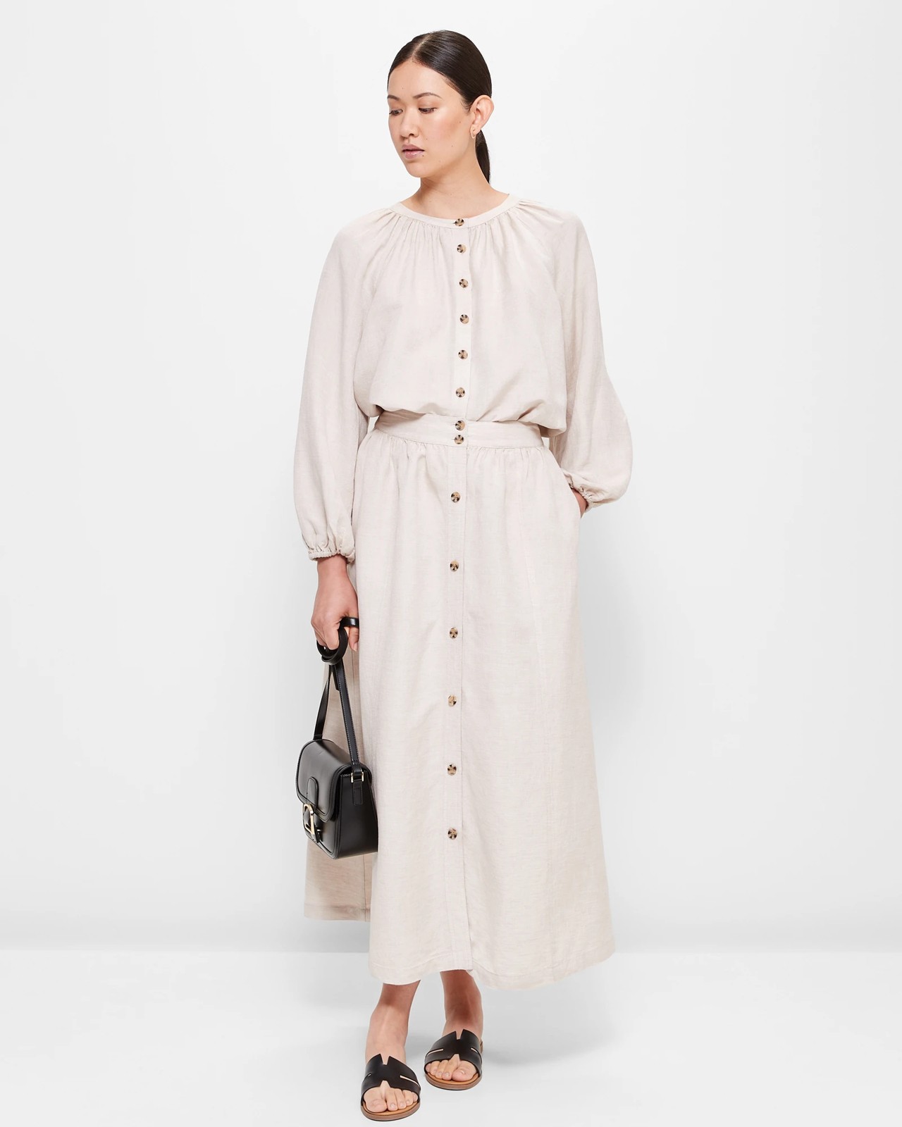 Linen Blend Button Through Midi Skirt - Preview 2 of 5