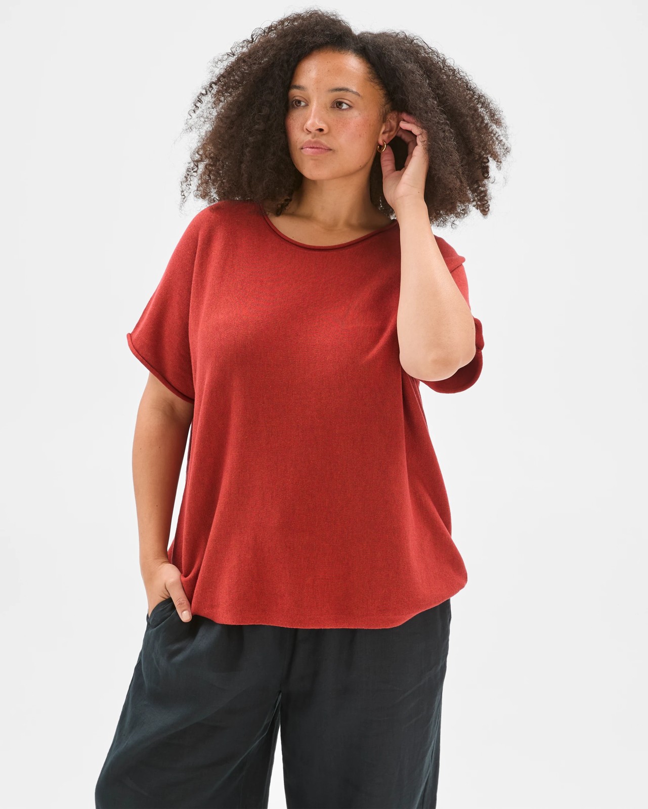 Plus Size Australian Cotton Blend Roll Edge Knit Top - Terracotta 2 of 5