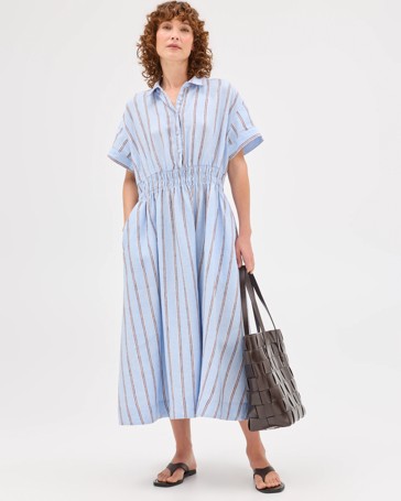 European Linen Shirred Waist Midi Dress