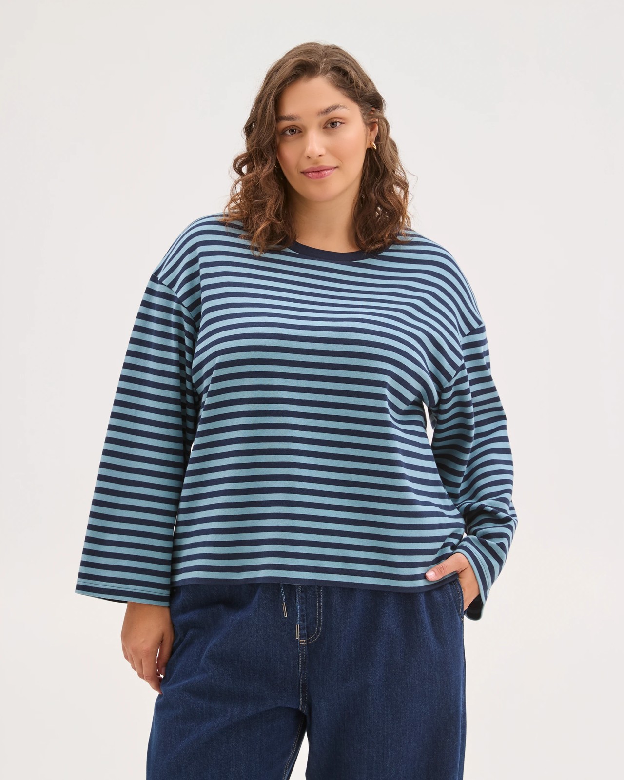 Plus Size Australian Cotton Long Wide Sleeve T-Shirt - Navy Blazer Stripe 2 of 5