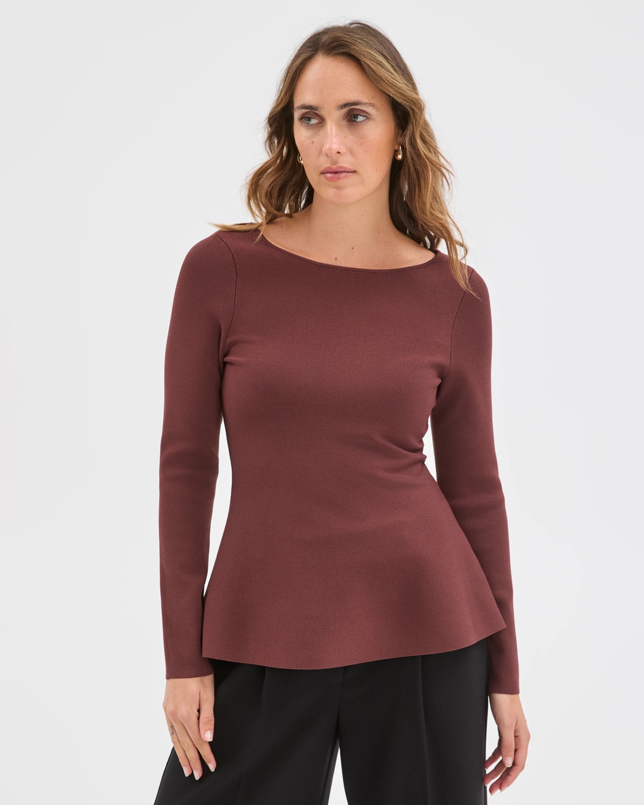 Preview Long Sleeve Peplum Crepe Knit Top - Dark Chocolate 3 of 5