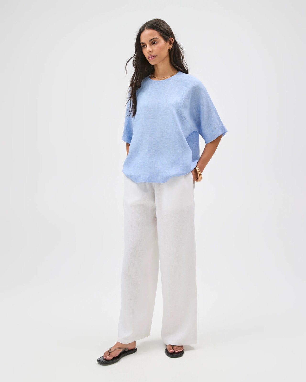 European Linen Seamed T-Shirt  - Blue Bouquet 2 of 5