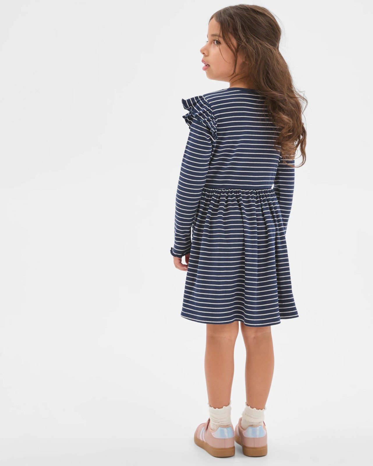 Australian Cotton Long Flutter Sleeve Core Dress -  Navy + White 3 of 6