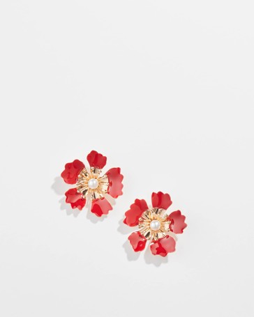 Enamel Pearl Flower Stud Earrings