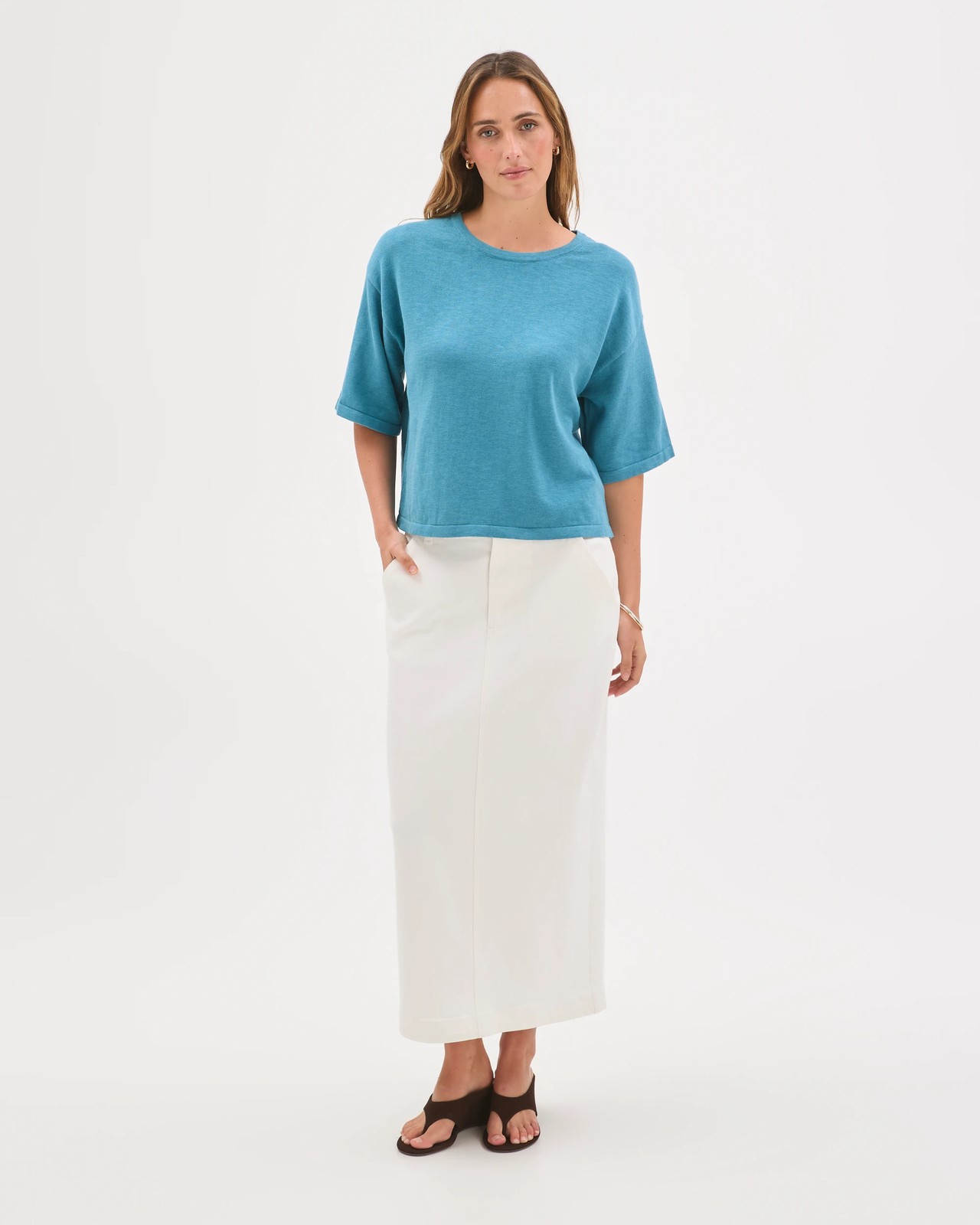 Australian Cotton Blend Drop Shoulder Boxy Knit T-Shirt - Soft Ocean 4 of 6