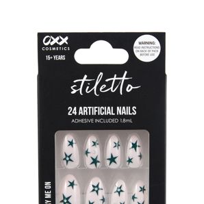 OXX Cosmetics 24 Pack Artificial Nails with Adhesive, Pointed Stiletto Shape - Teal Stars with Gems