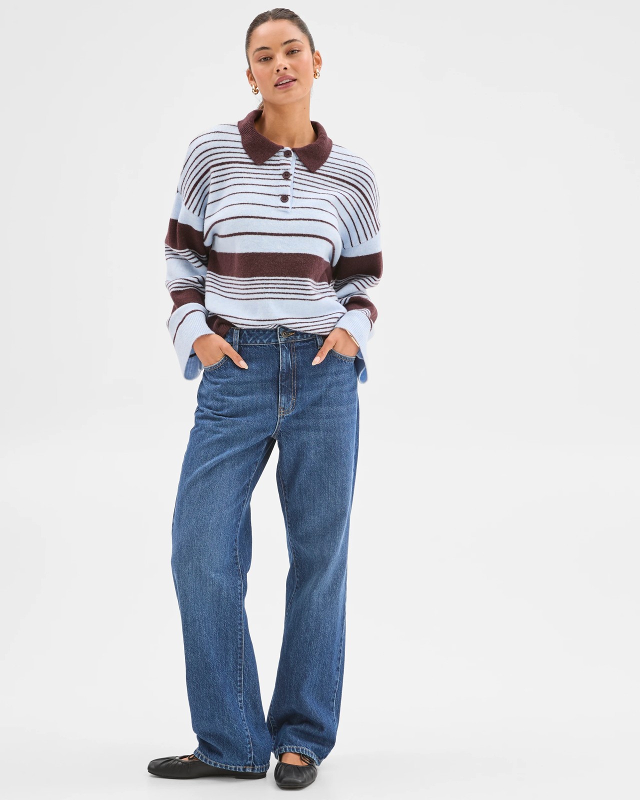 Lily Loves Long Sleeve Striped Polo Top - Blue / Stripe 2 of 6
