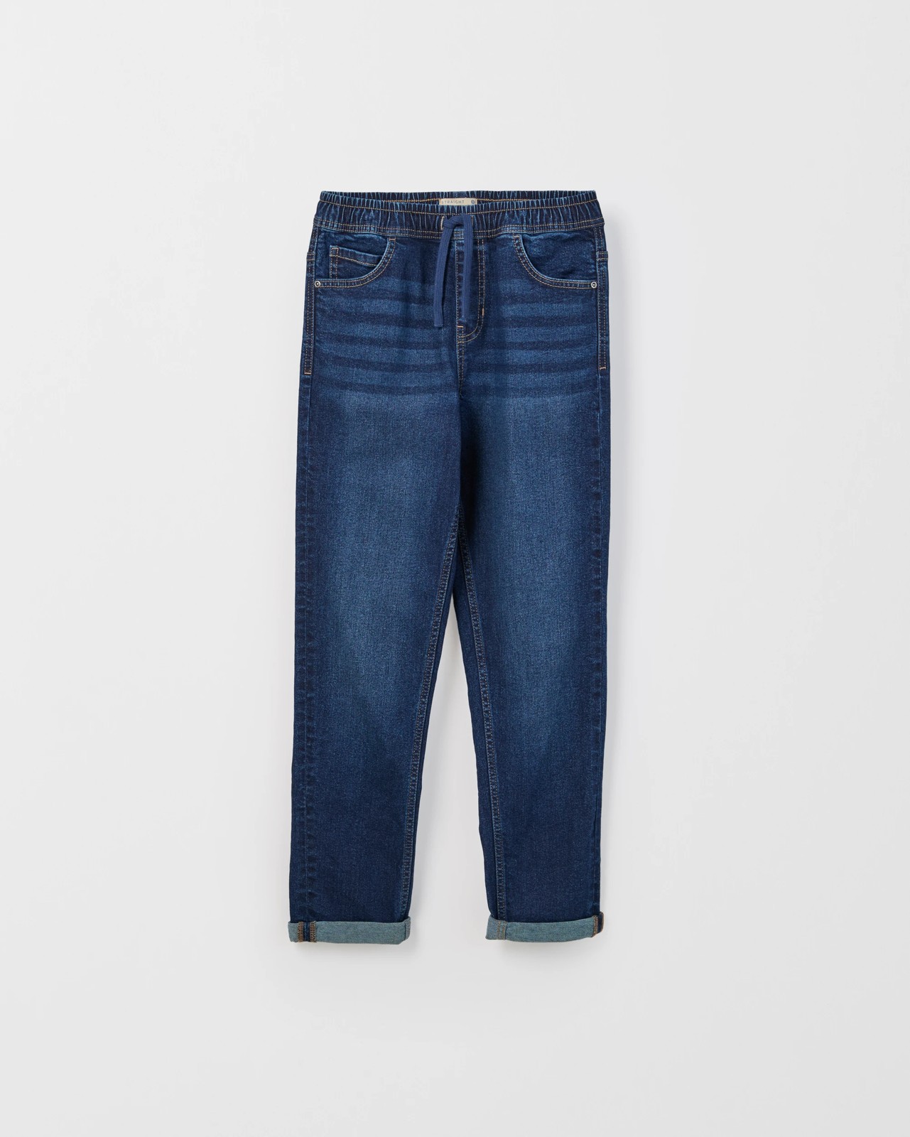 Elastic Waistband Straight Fit Denim Jeans - Dark Wash 4 of 6