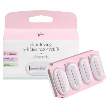 Gem 4 Pack Skin-Loving 5-Blade Razor Refills - Hyaluronic Acid, Aloe Vera and Vitamin E