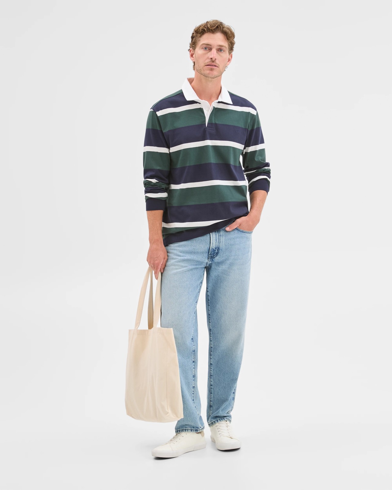 Australian Cotton Long Sleeve Rugby Polo Top - Navy Green Stripe 3 of 6