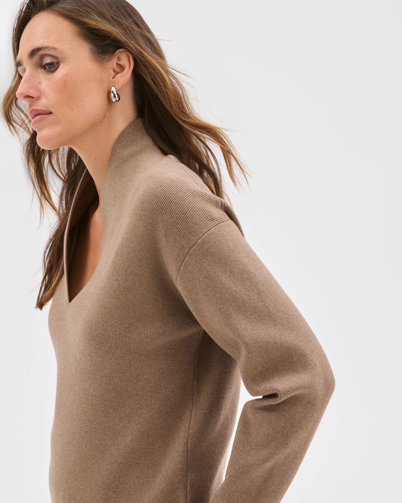 Preview Australian Cotton Blend Long Sleeve Deep V-Neck Jumper - Smoked Taupe Marle 4 of 6