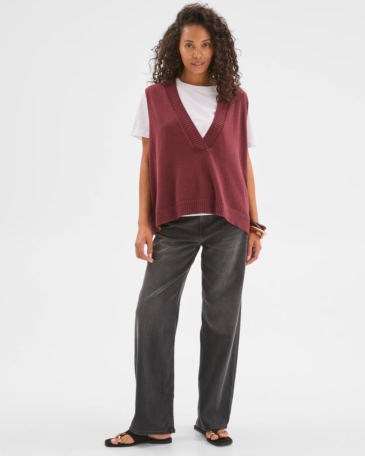 Australian Cotton Blend Deep V-Neck Oversized Knit Vest - Burgundy 5 of 5