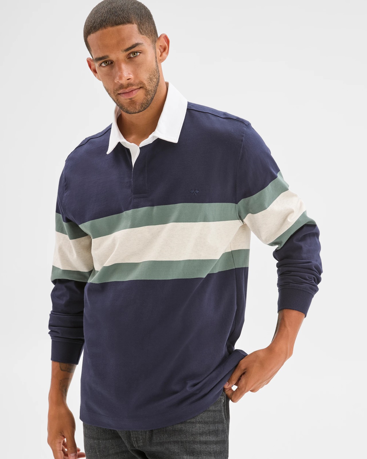 Australian Cotton Blend Long Sleeve Rugby Polo Top - Navy 3 of 5