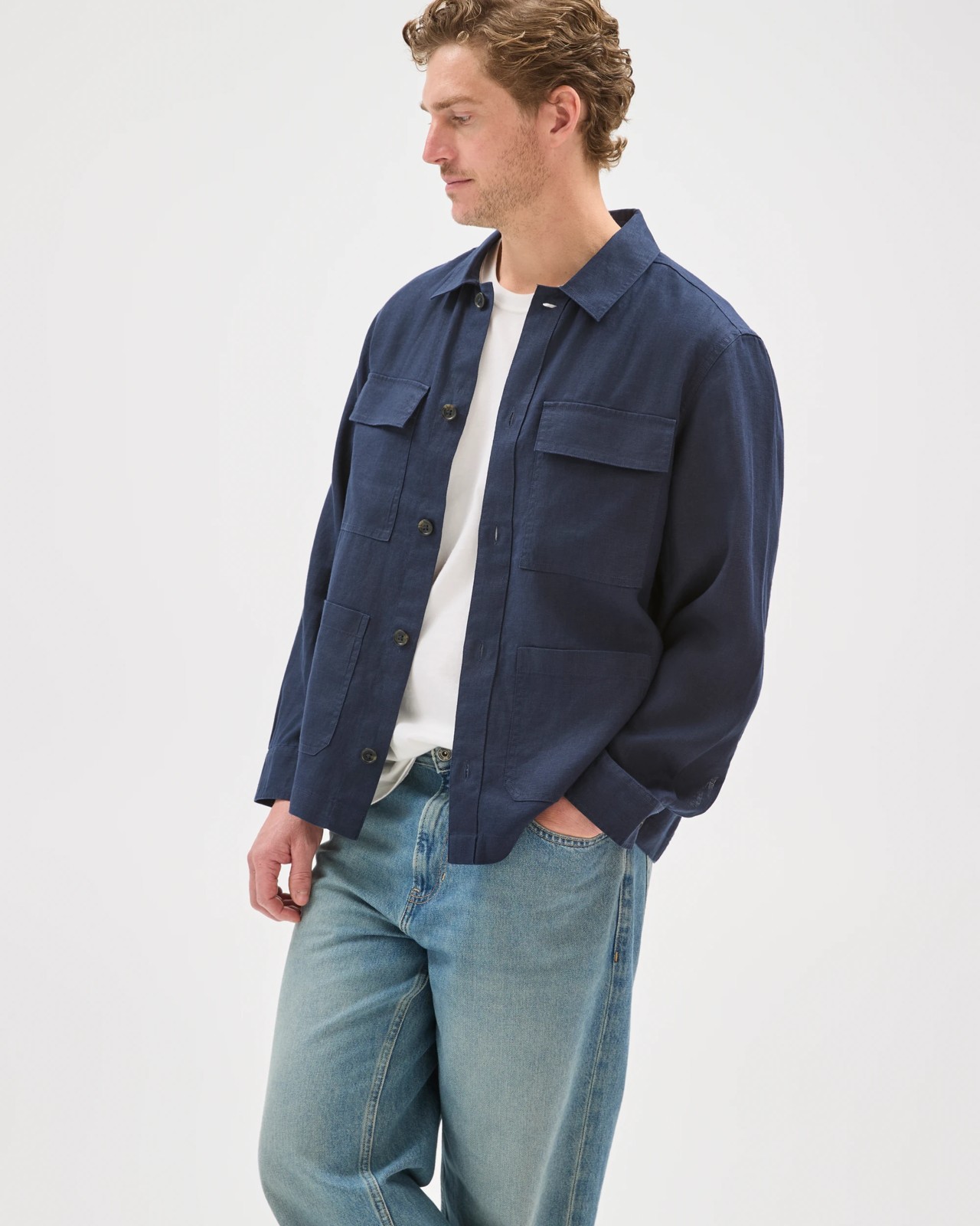 European Linen Long Sleeve Oversized Overshirt - Navy 2 of 6