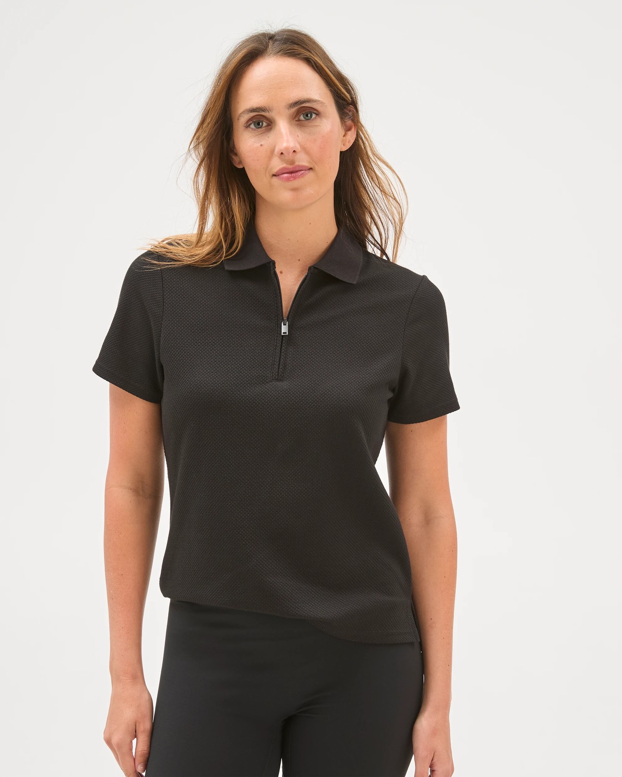 Active Australian Cotton Blend Textured 1/4 Zip Polo Top - Black 3 of 6