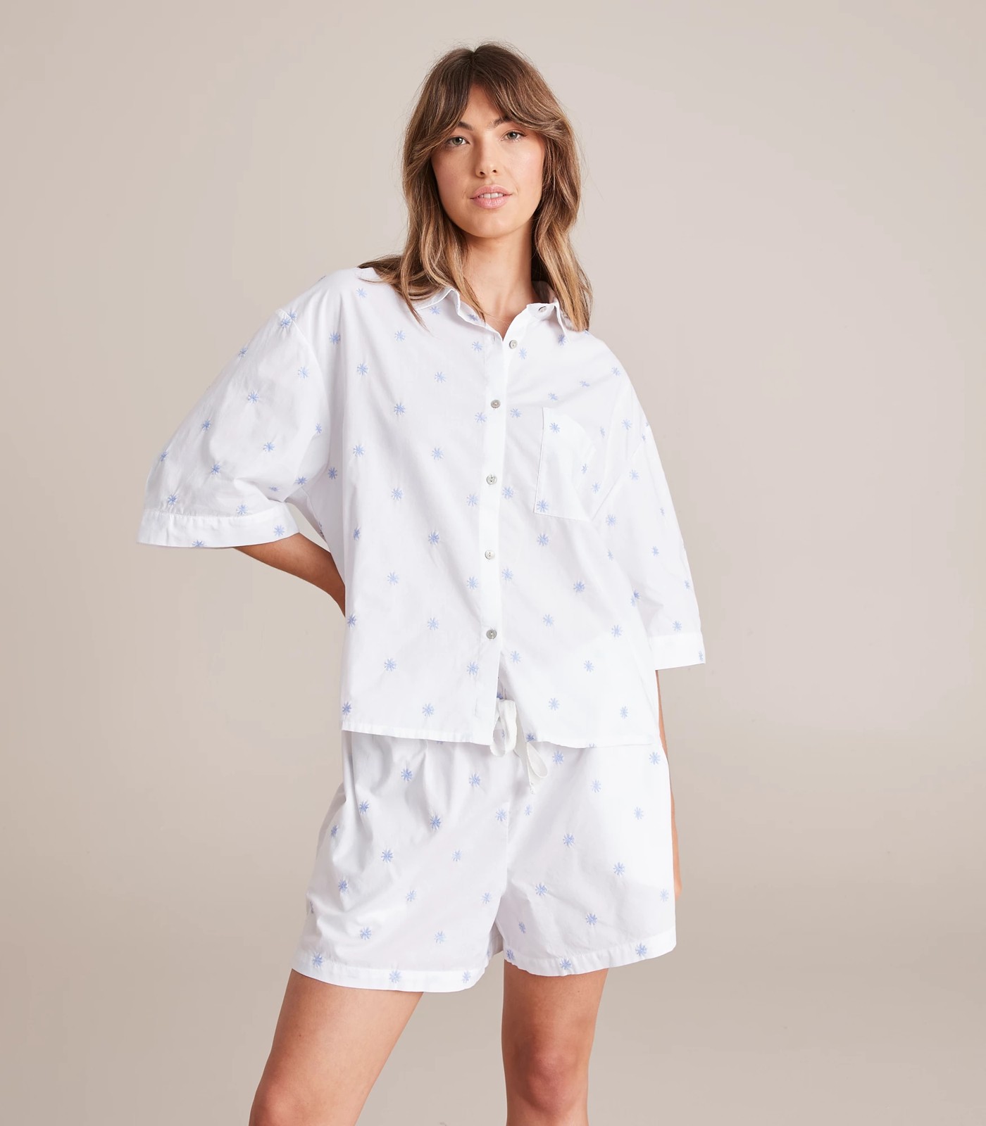 Cotton Poplin 3/4 Sleeve and Shorts Sleep Set