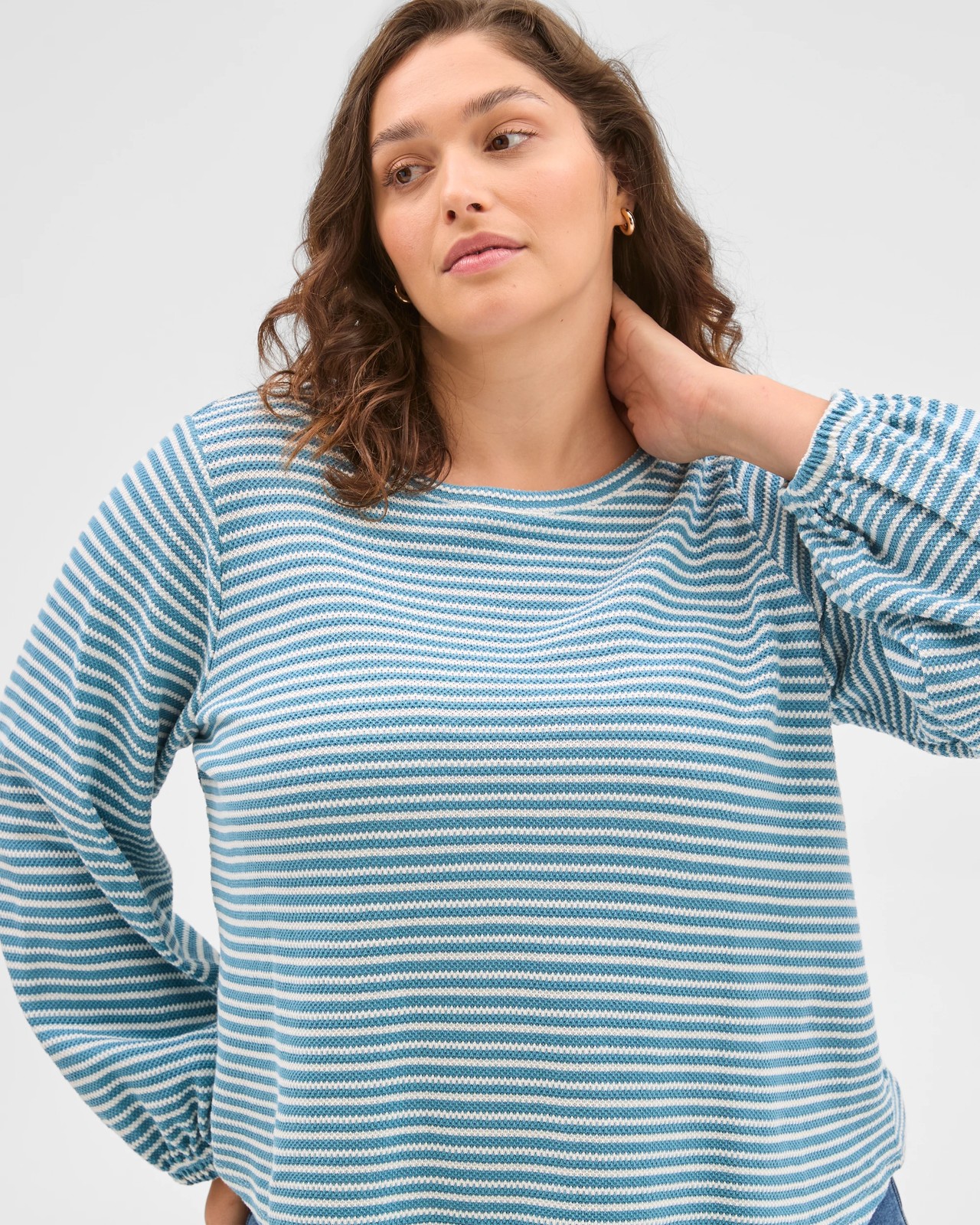 Plus Size Australian Cotton Long Sleeve Stripe Textured Top - Sea Teal/Cloud Dancer 6 of 6