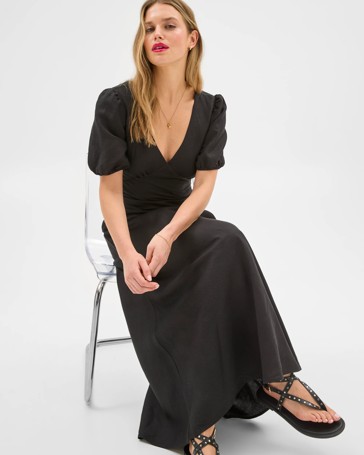 European Linen Blend Puff Sleeve Midi Dress - Lily Loves