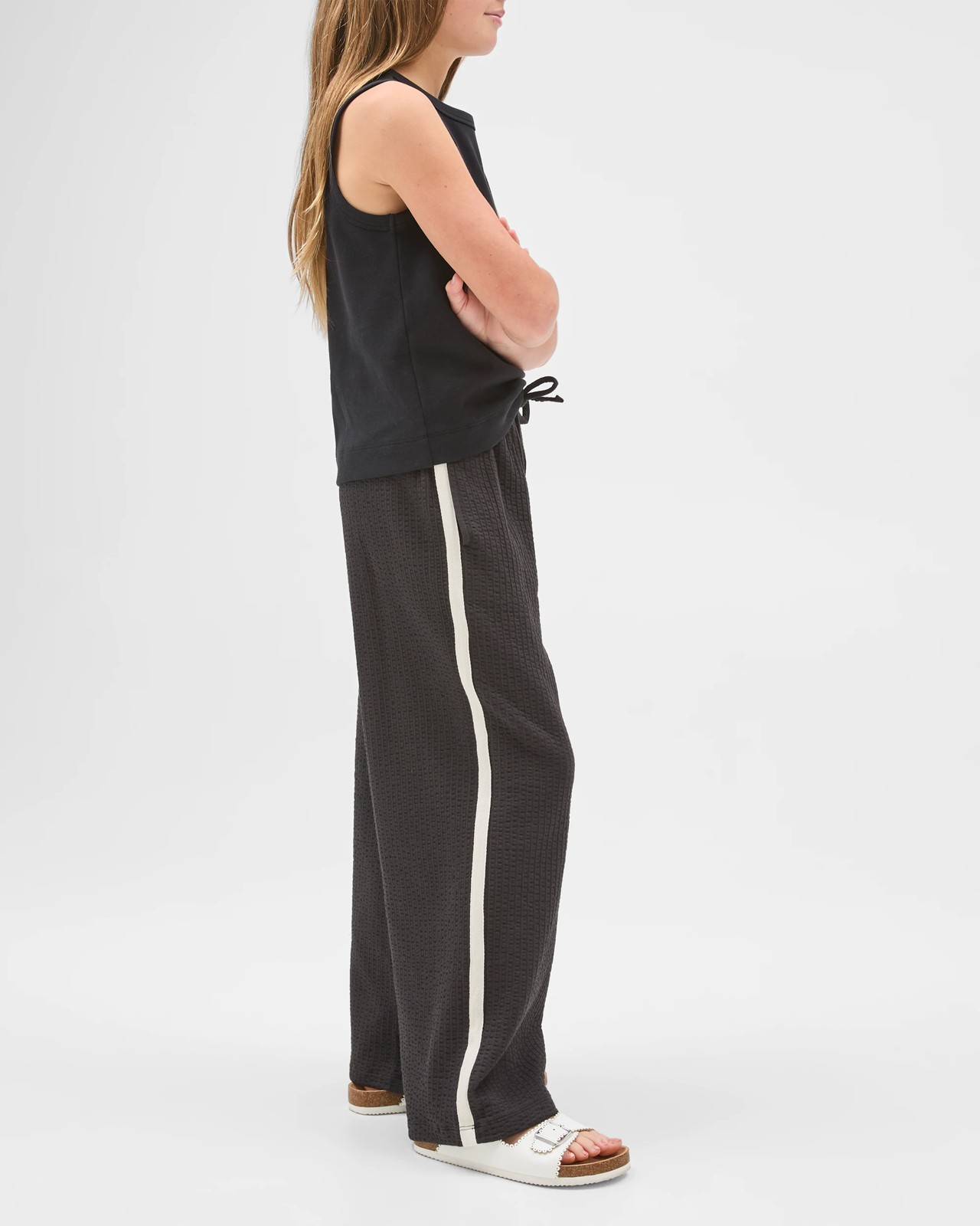 Australian Cotton Blend Textured Side Taped Wide Leg Knit Pants - Black 2 of 6