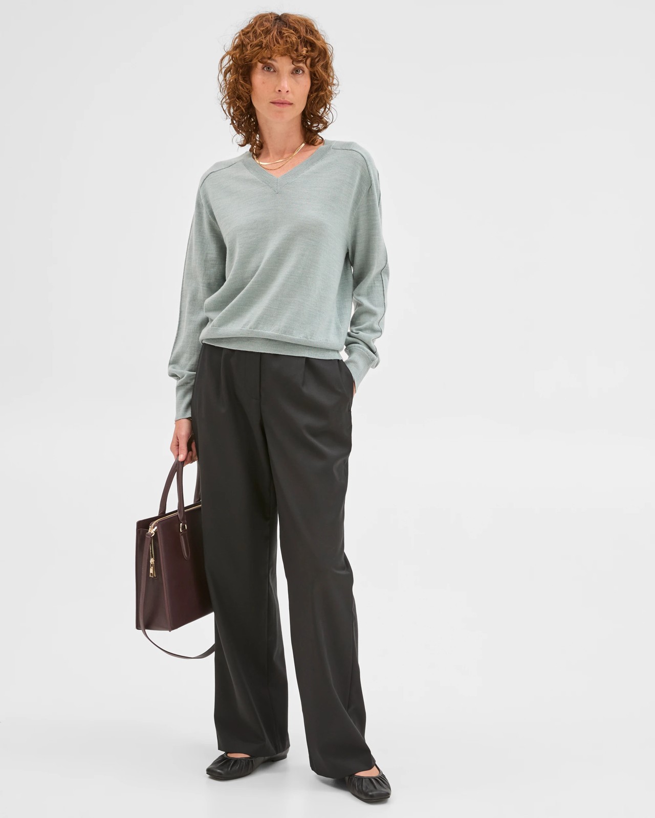 Preview Australian Merino Wool Long Sleeve V-Neck Knit Top - Green Slate Marle 3 of 6