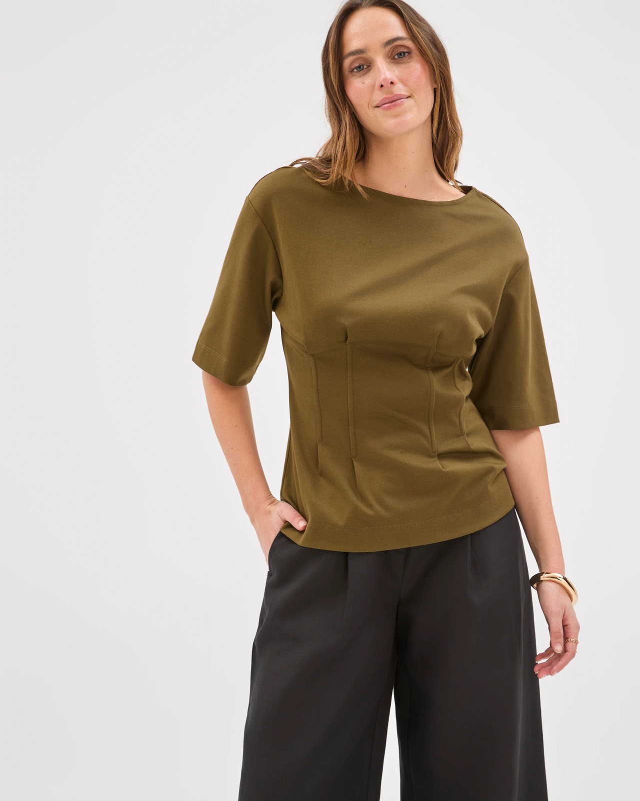 Preview Australian Cotton Waist Detail T-Shirt - Khaki Olive 3 of 5