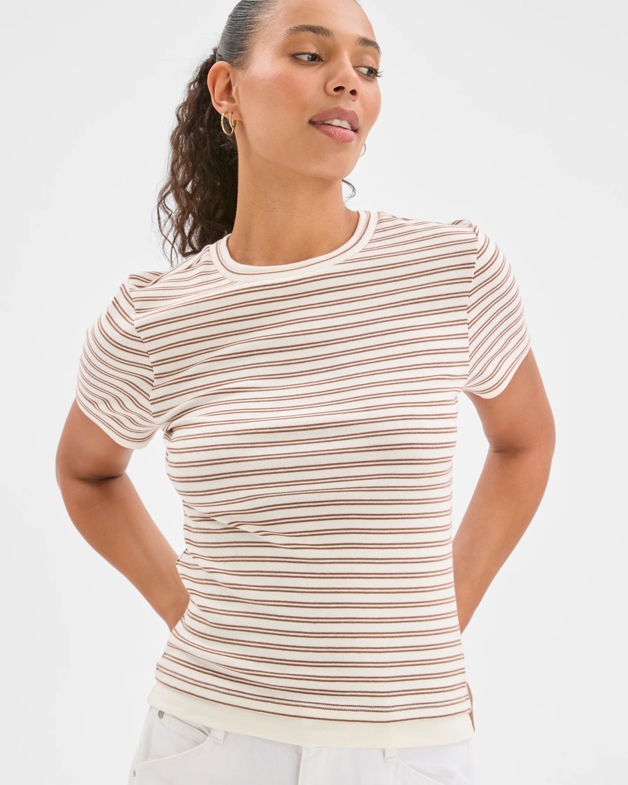 Soft Touch Double Layer Fitted T-Shirt - Butterscotch/Cloud Dancer Stripe 2 of 6