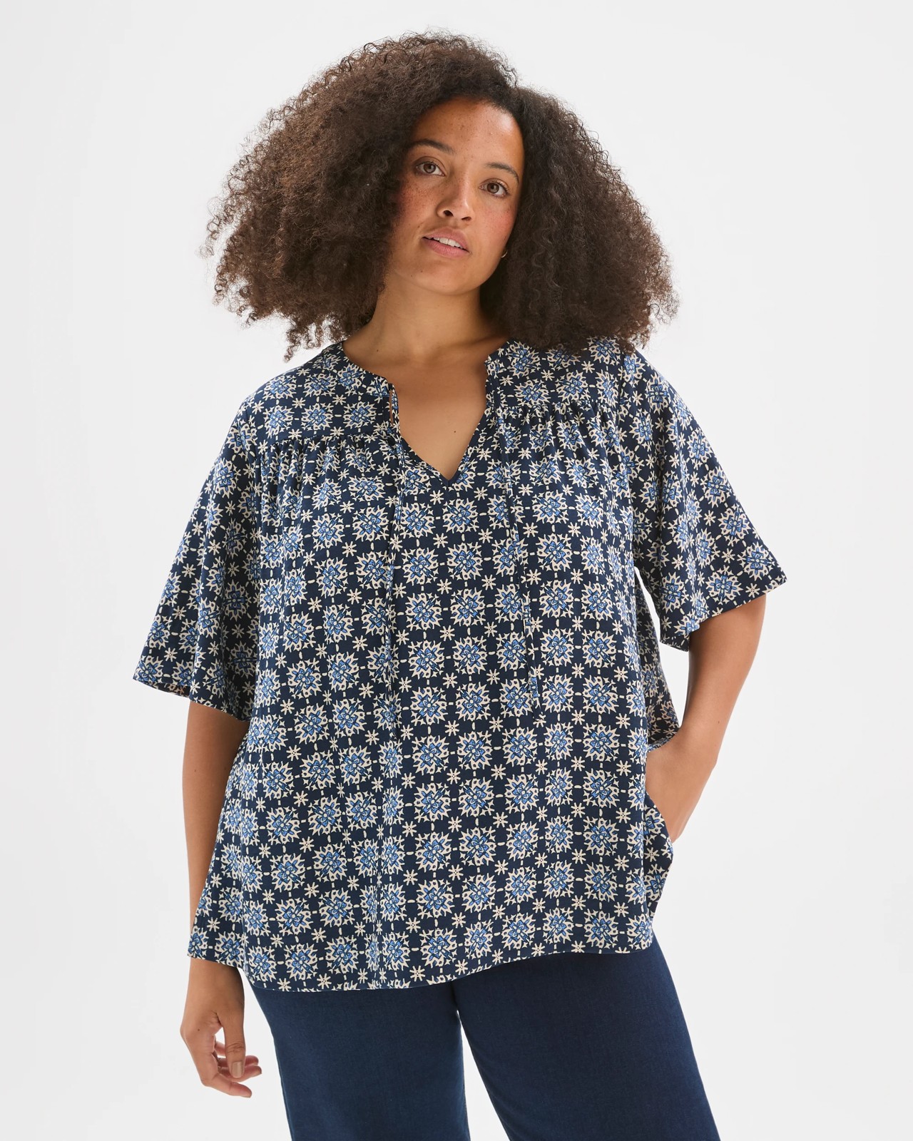 Plus Size Short Sleeve Printed Woven Twill Top 3 of 6