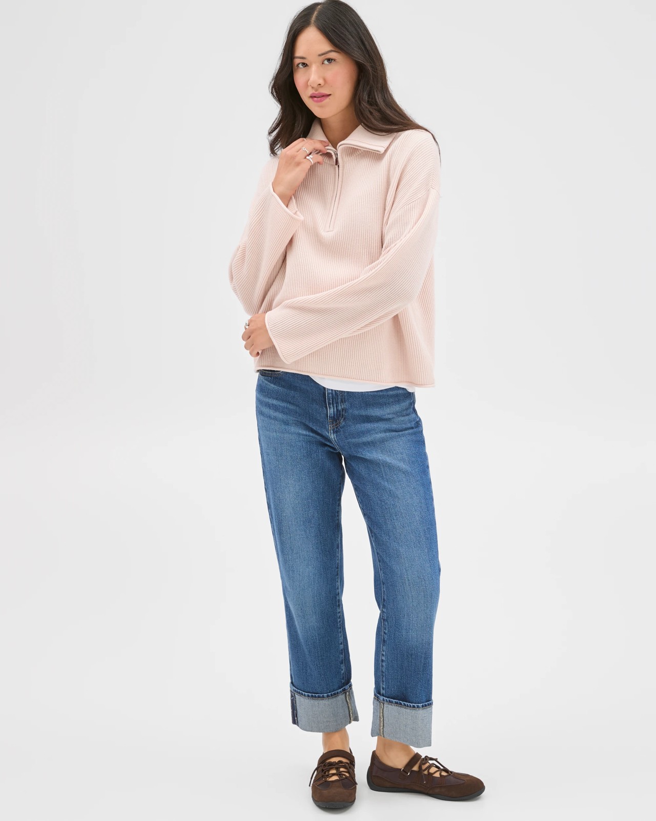 Australian Cotton Blend Zip Collar Sweater - Mauve Pink 2 of 5