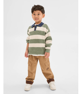 Long Sleeve Striped Knit Polo Top