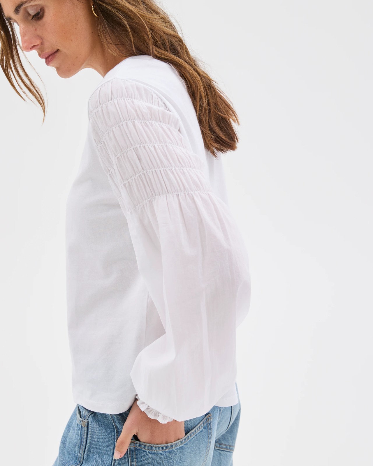 Australian Cotton Long Sleeve Shirred Sleeve Top - Brilliant White 5 of 6