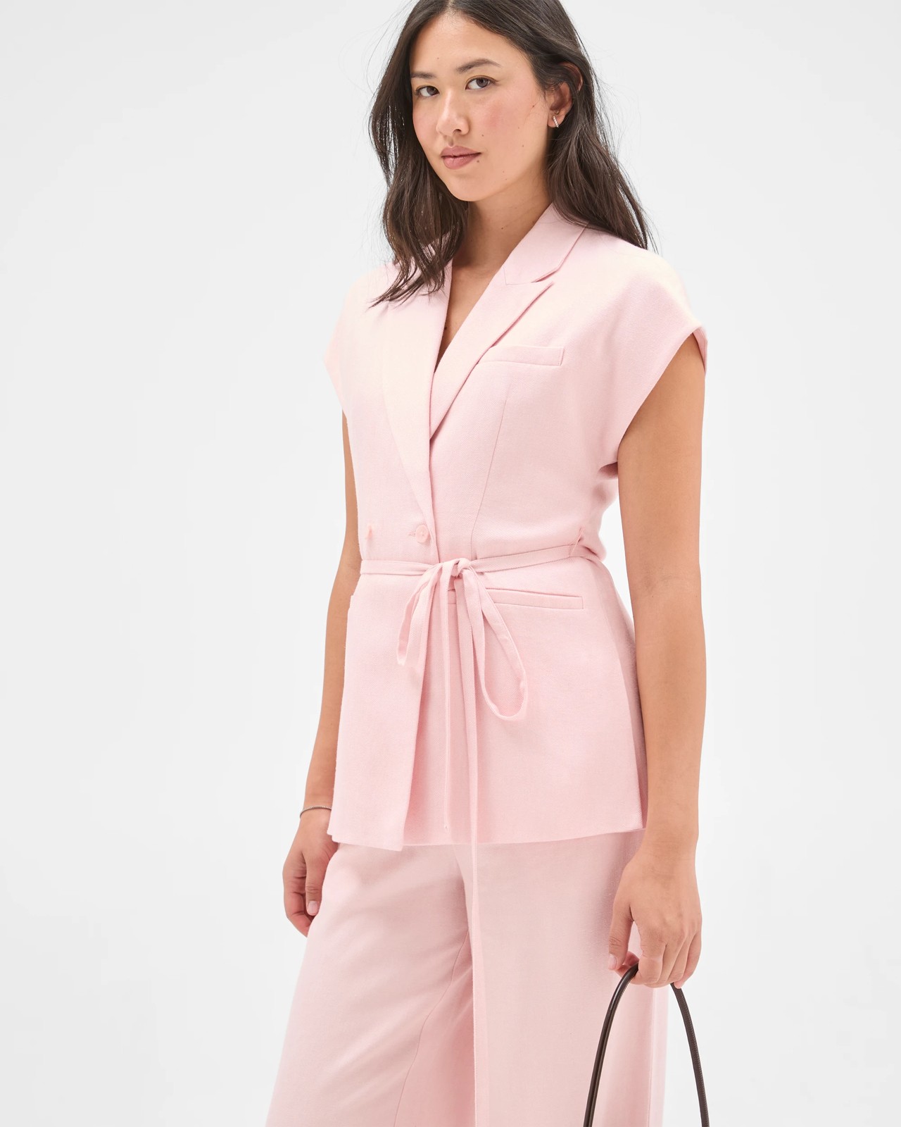 Preview Linen Blend Tailored Tie Waist Vest - Dusty Pink 4 of 5