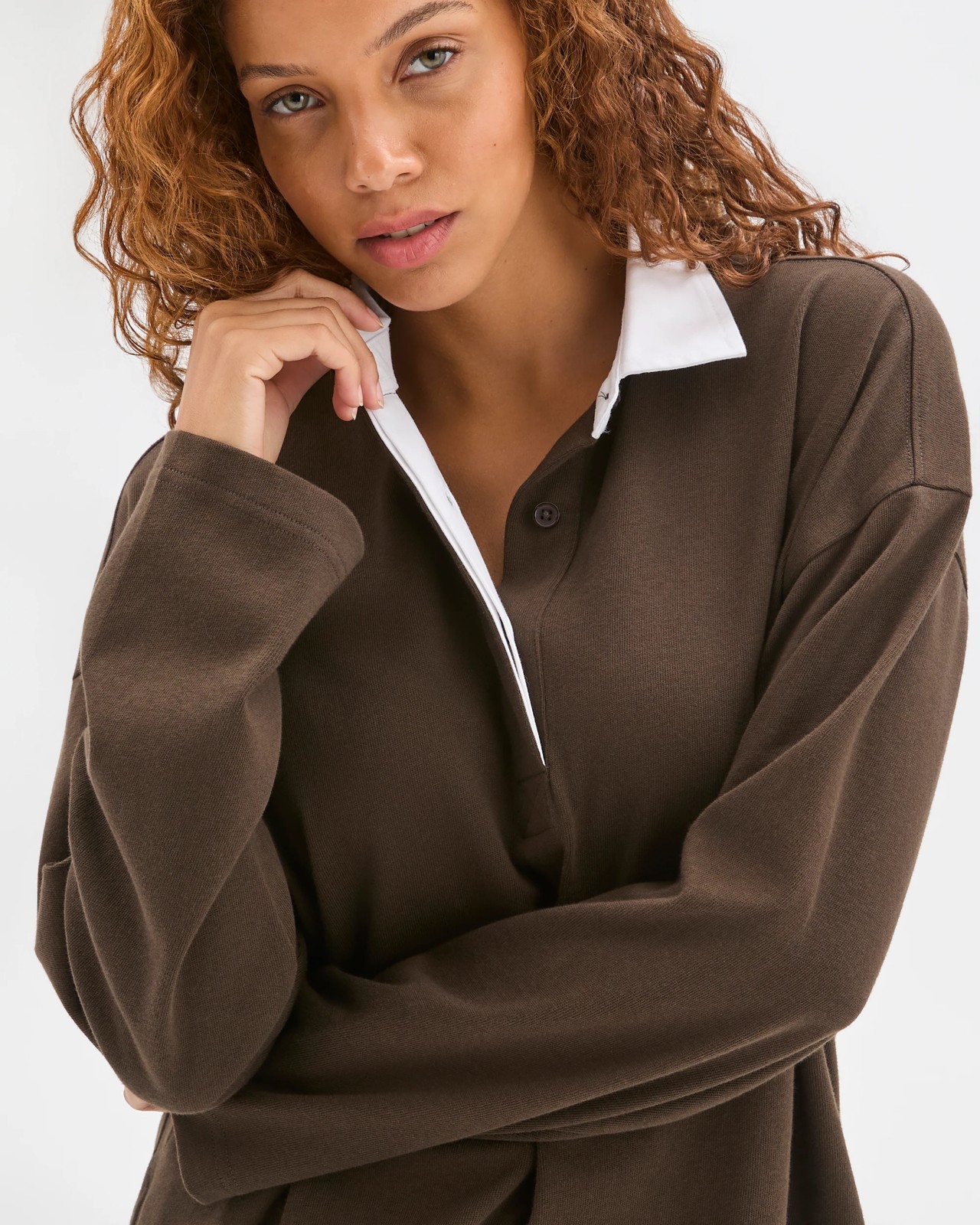 Australian Cotton Long Sleeve Rugby Polo Top - Coffee Bean 5 of 6