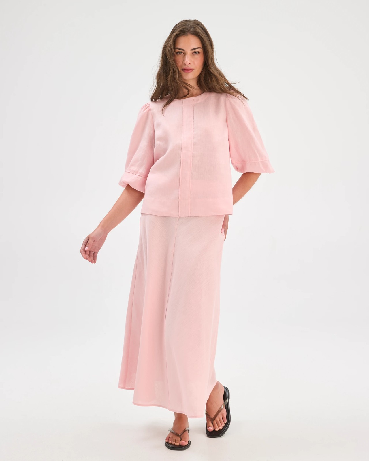 Petites European Linen 3/4 Sleeve Trim Detail Blouse - Pink 5 of 5