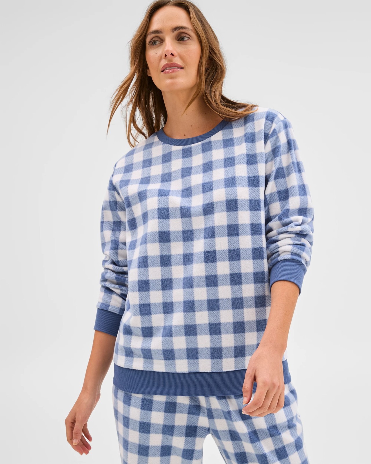 Micro Fleece Long Sleeve Pyjama Top - Gingham Blue 3 of 5