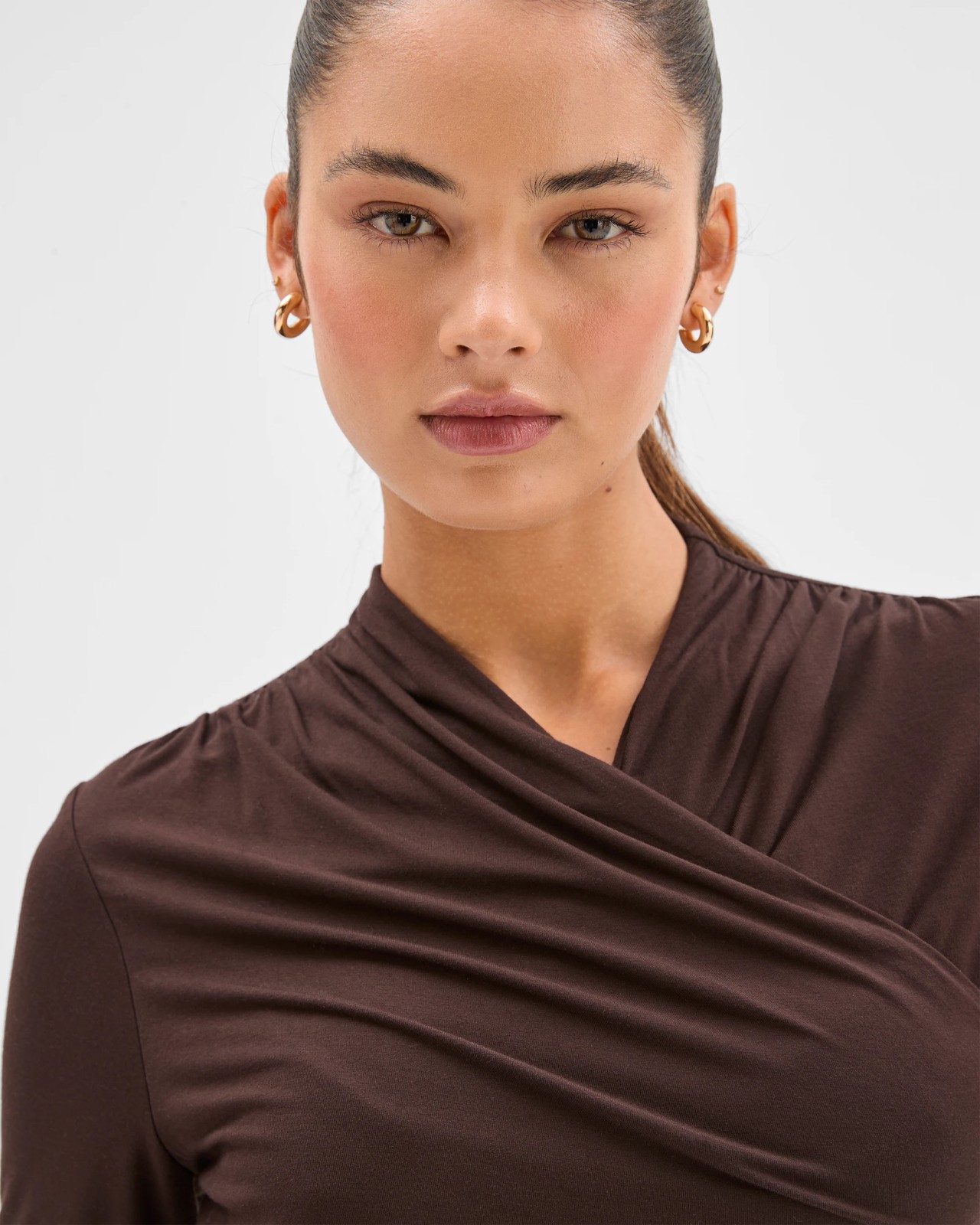 Lily Loves Long Sleeve Crossover Drape Top - Truffle 5 of 6