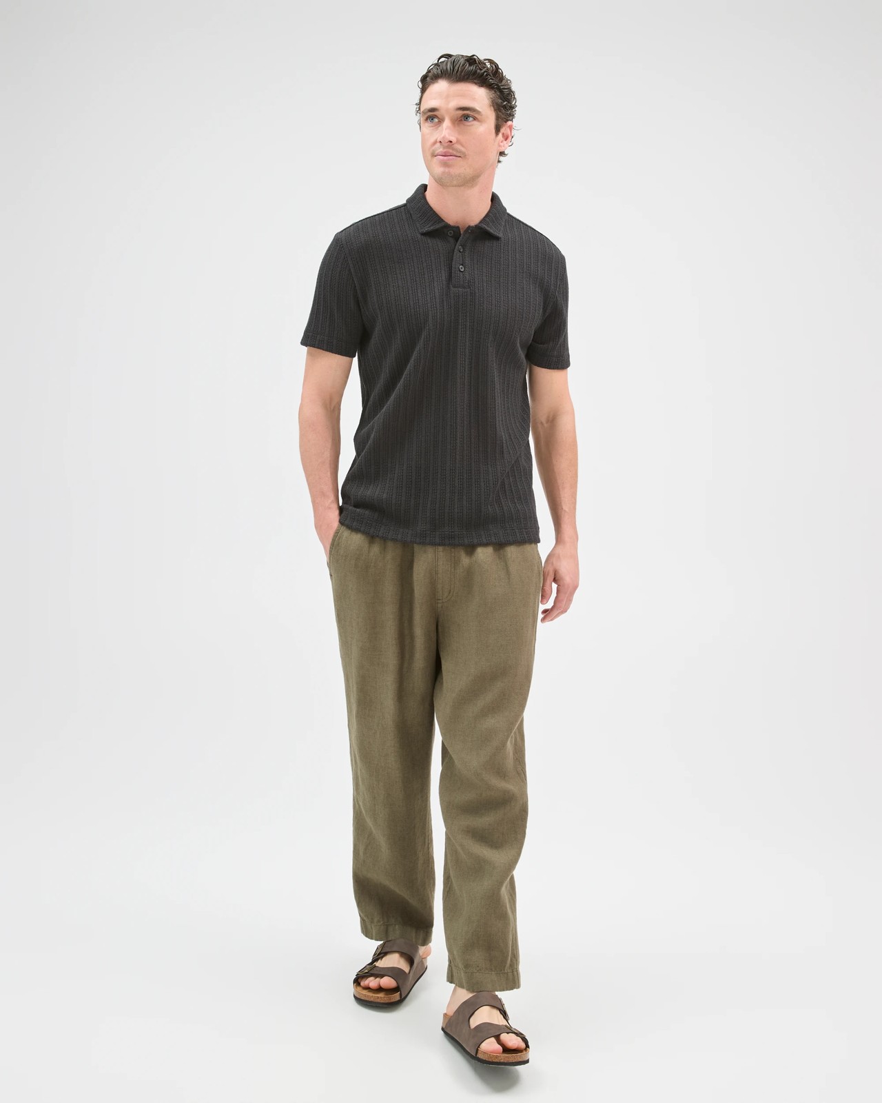 Australian Cotton Blend Pointelle Polo Top - Black 4 of 5